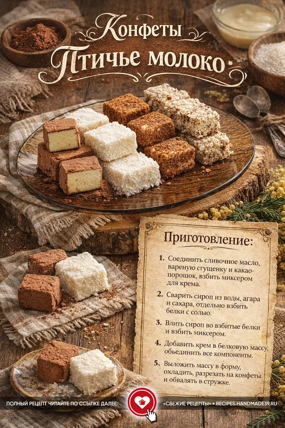 Конфеты Птичье молоко в какао и кокосовой стружке на деревянной доске к празднику 8 Марта