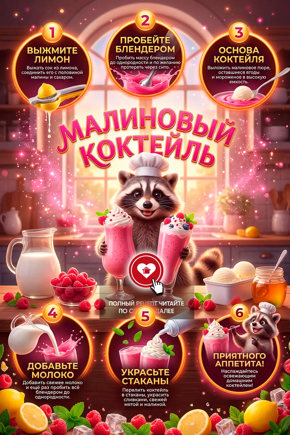 Два высоких бокала с розовым малиновым коктейлем, украшенных взбитыми сливками, свежими ягодами малины и мятой