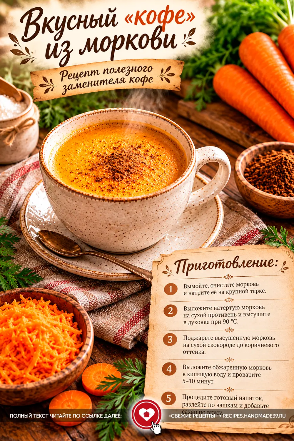Чашка горячего кофе из моркови с тёплой пенкой и щепоткой корицы