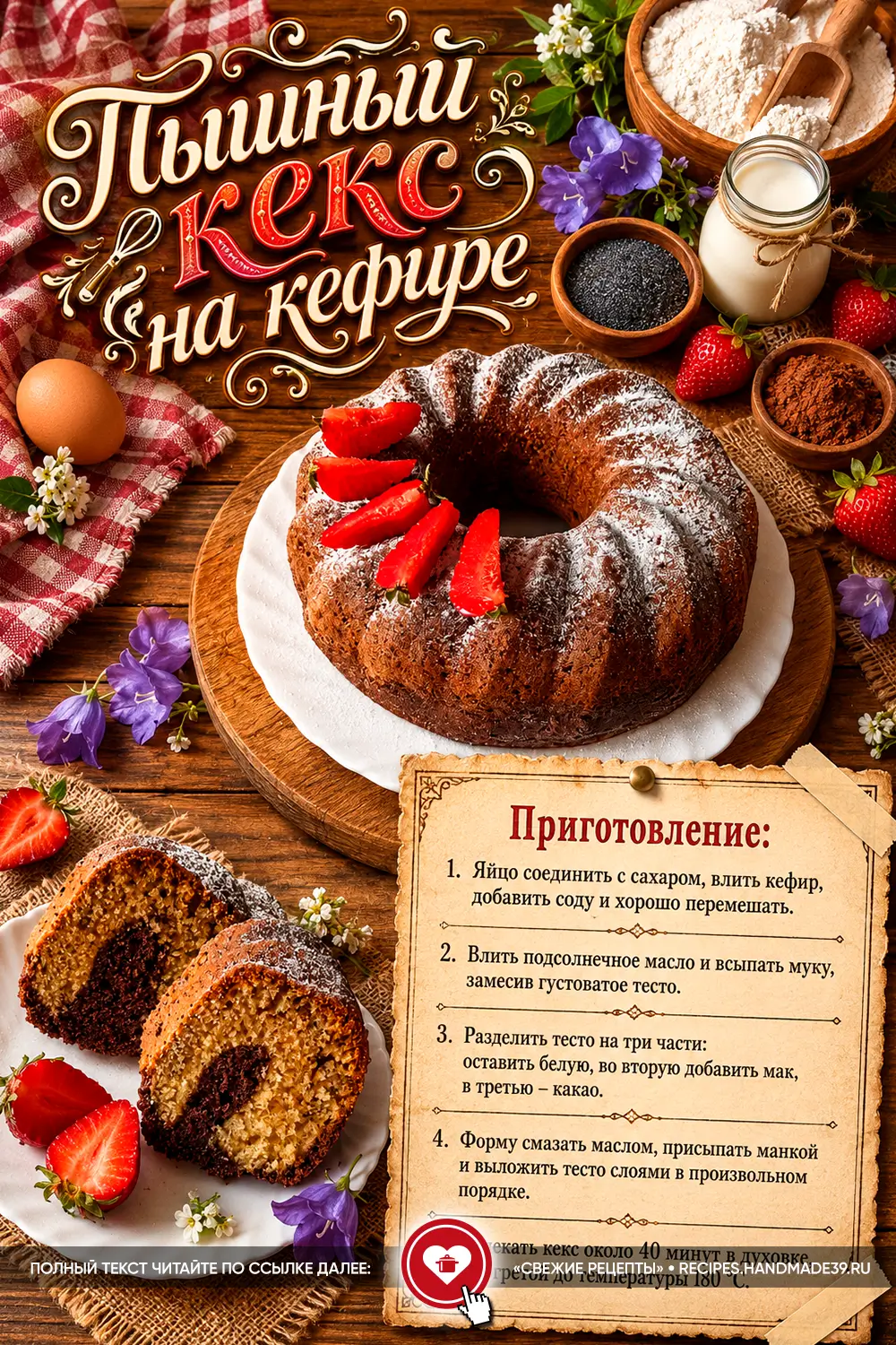 Пышный двухцветный кекс с маком и какао, украшенный сахарной пудрой и клубникой на деревянной доске