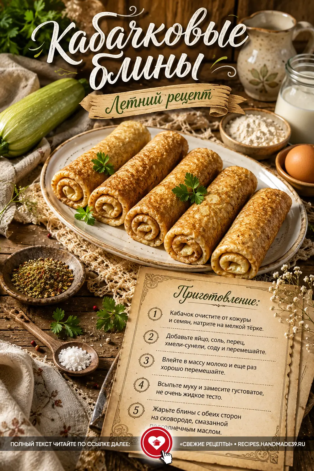 Румяные кабачковые блины, свёрнутые в трубочки, украшенные петрушкой, на тарелке рядом с кабачком и ингредиентами