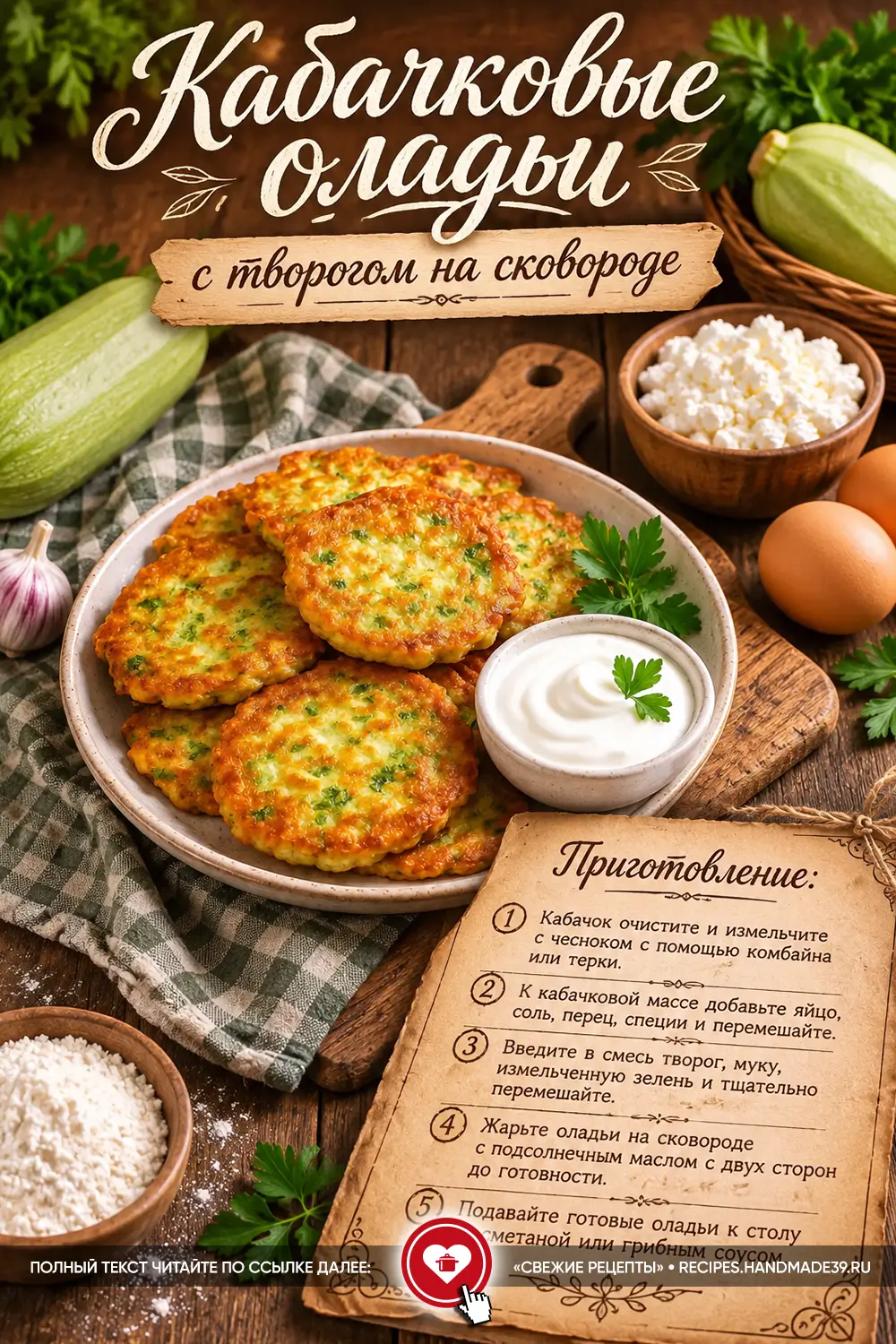 Румяные кабачковые оладьи с творогом и свежей зеленью на тарелке рядом с соусником сметаны