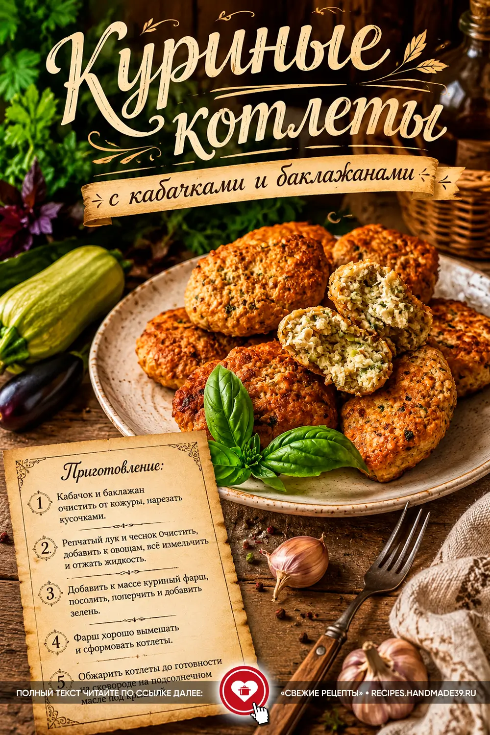 Аппетитные жареные куриные котлеты с кабачками и баклажанами на тарелке с листьями базилика и чесноком