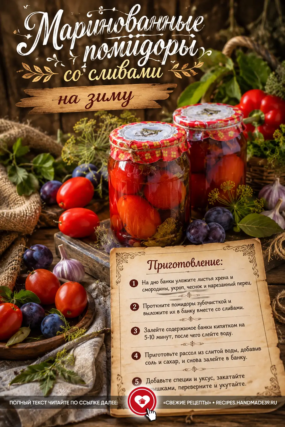 Сочные маринованные помидоры и сливы с зеленью в стеклянной банке