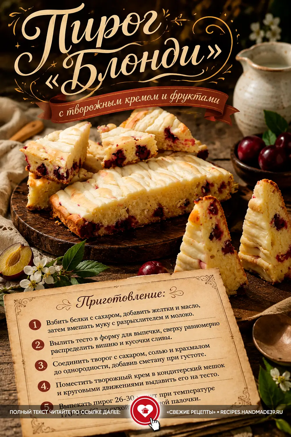 Кусочки пирога «Блонди» с творожным узором, вишней и сливами на деревянной доске