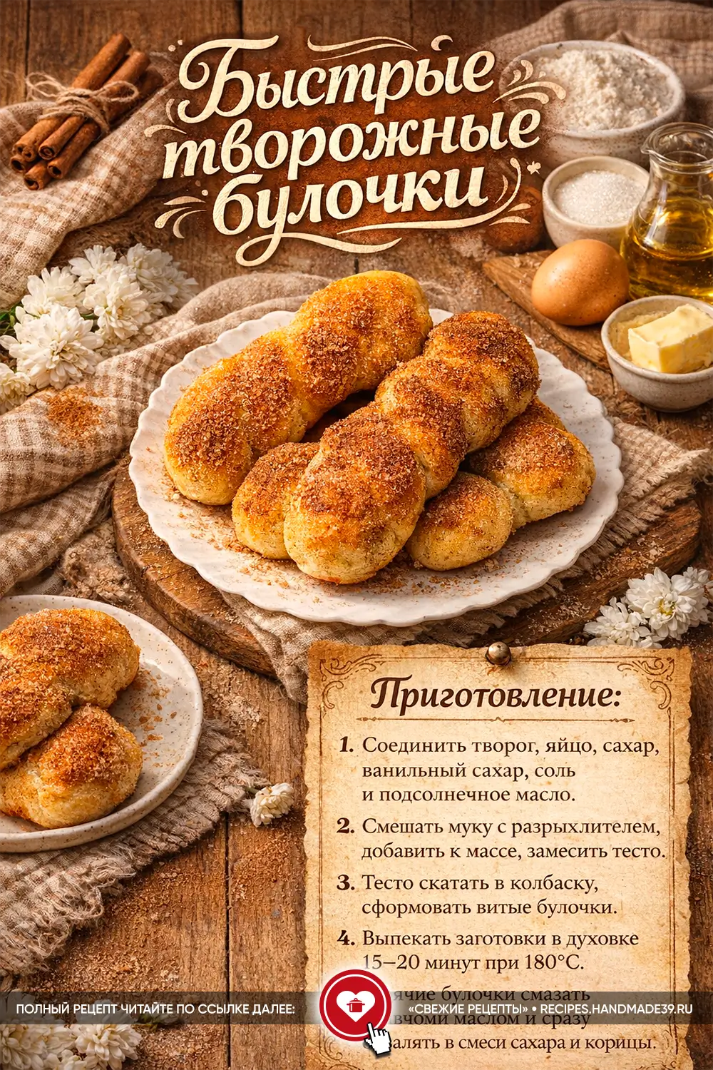 Плетёные творожные булочки, посыпанные сахаром и корицей, на белой тарелке в деревенском стиле