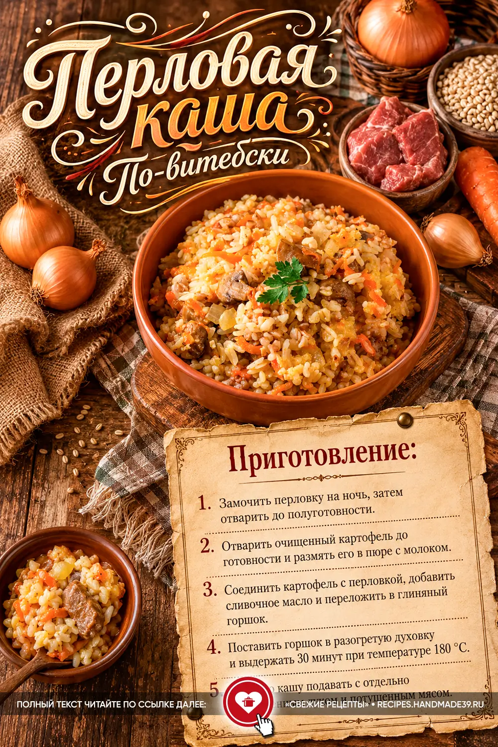 Глиняная миска с горячей перловой кашей по-витебски, кусочками мяса, грибами и луком на деревянном столе
