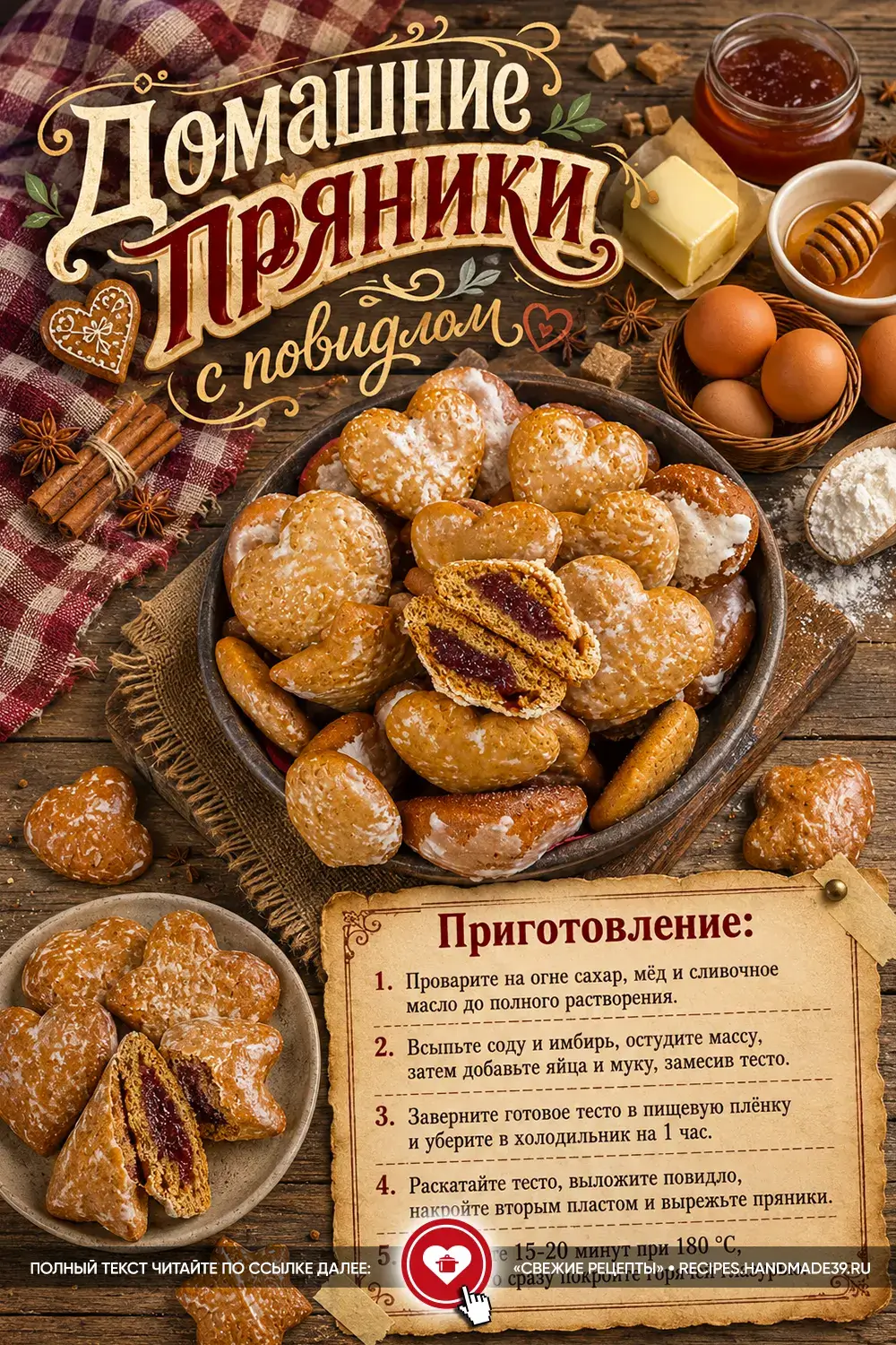 Глазированные домашние пряники в форме сердечек с прослойкой из ягодного повидла на деревянном столе