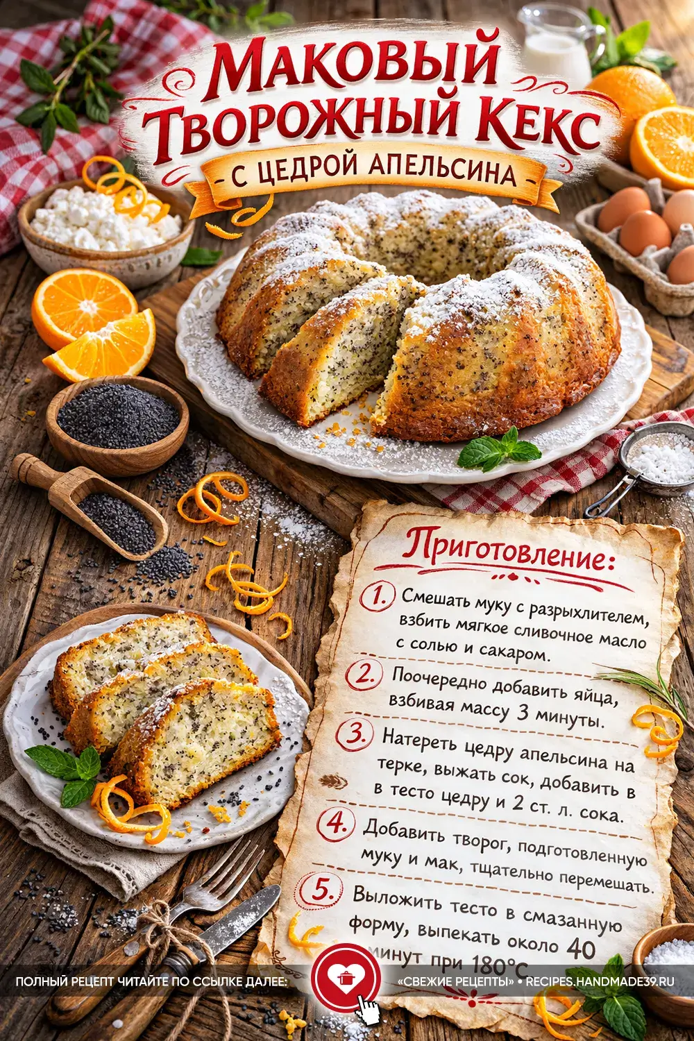 Золотистый домашний творожный кекс с маком и апельсиновой цедрой на деревянном столе