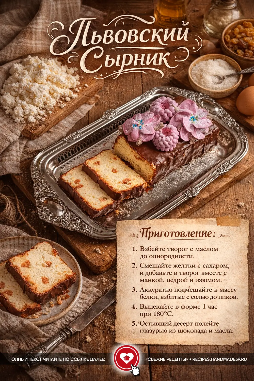 Аппетитный домашний львовский сырник в тёмной шоколадной глазури с изюмом на разрезе, украшенный розовым зефиром