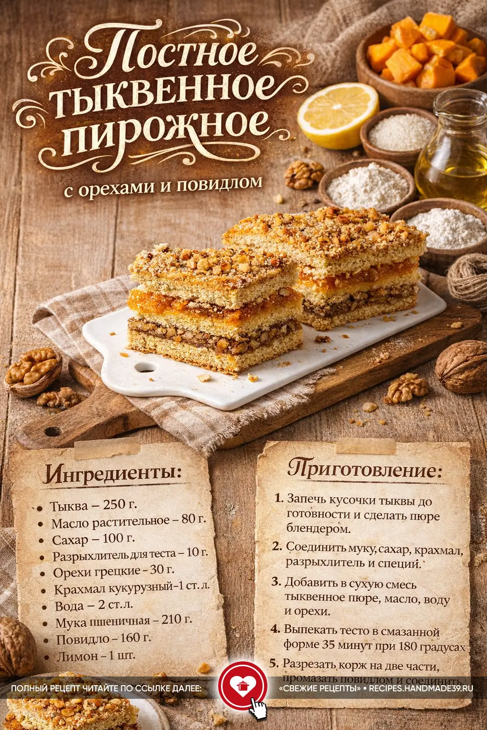 Постное тыквенное пирожное с орехами: вкуснее любого торта!