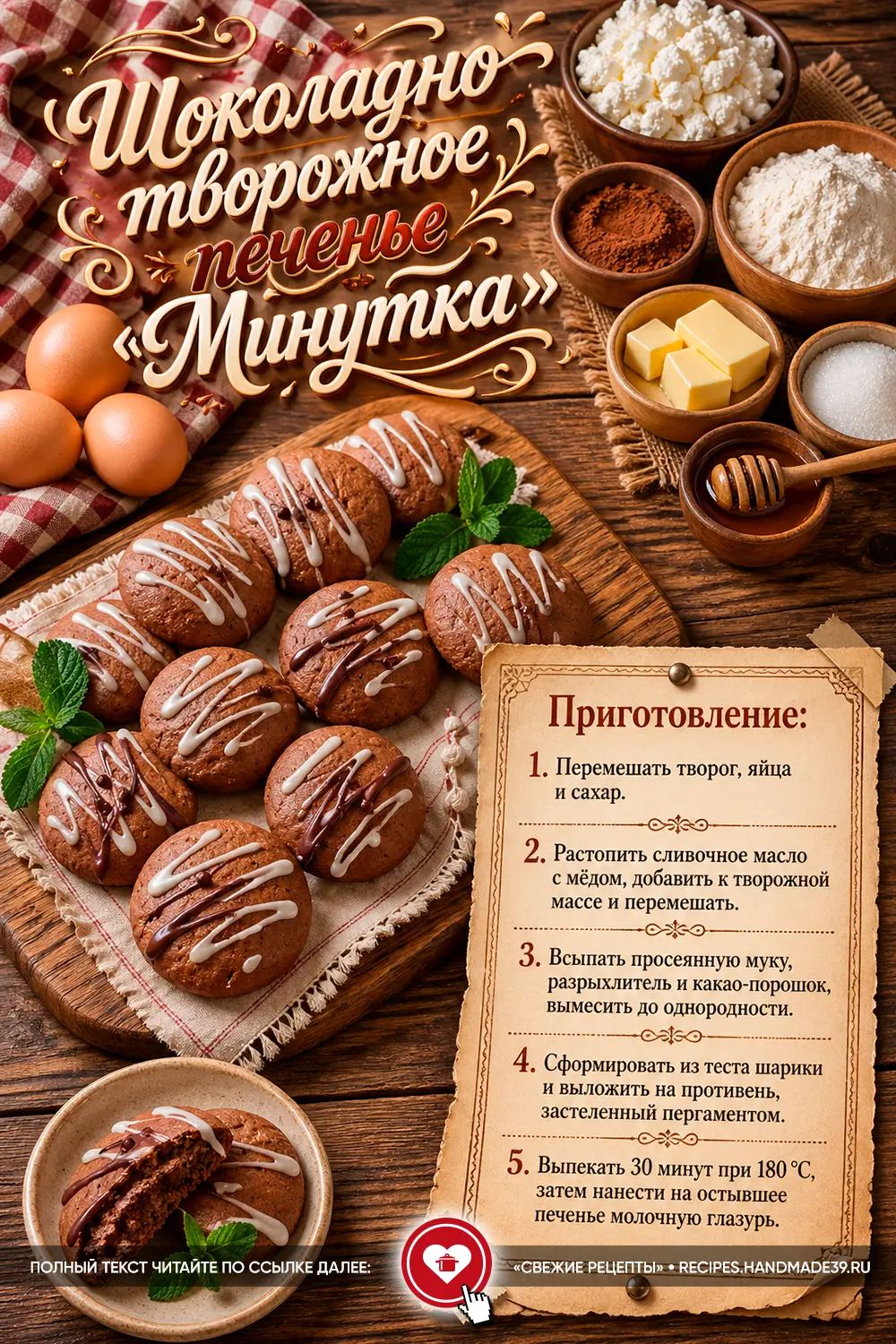 Шоколадно-творожное печенье с глазурью на деревянной доске рядом с ингредиентами: творогом, какао и мёдом