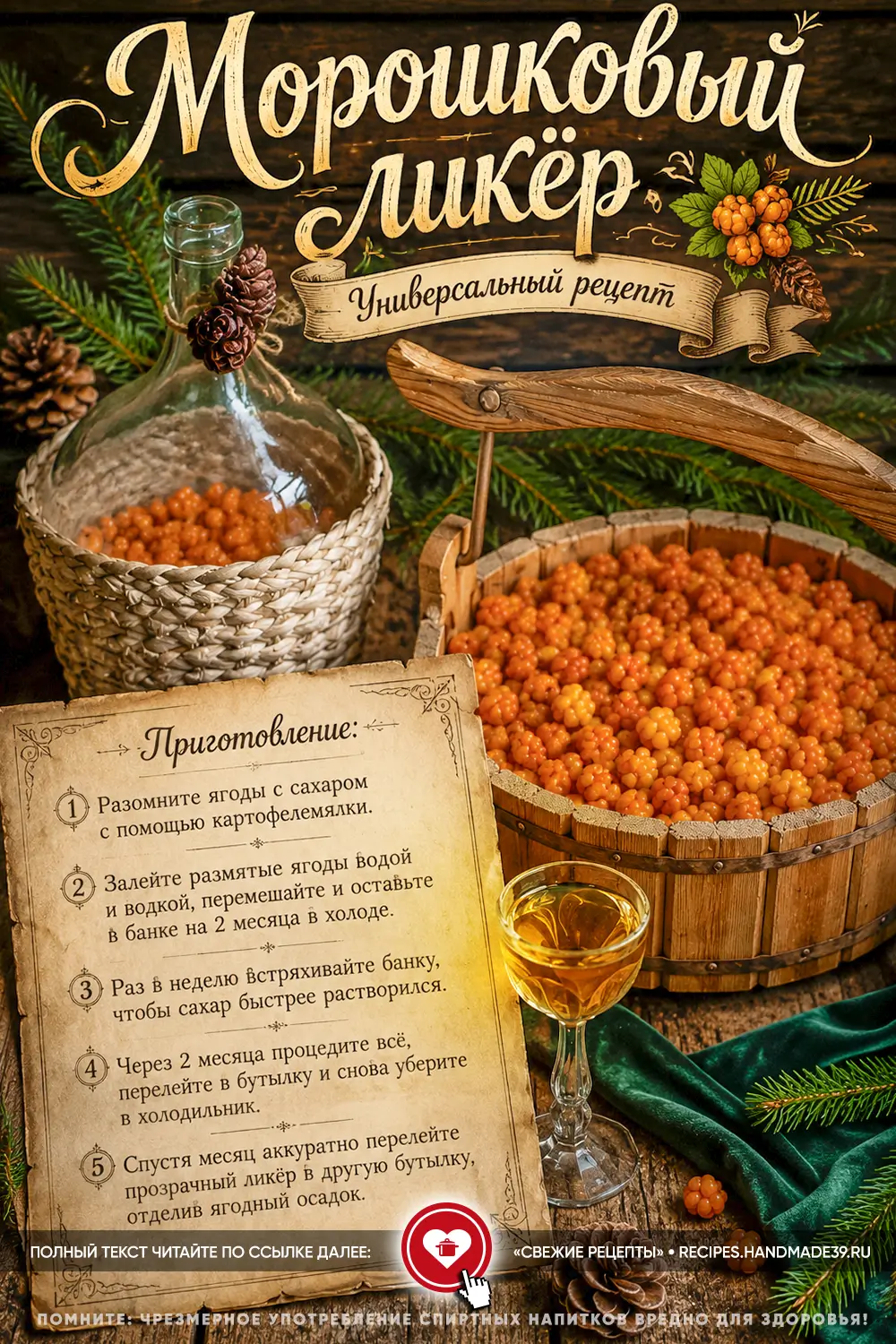 Прозрачный золотистый ягодный ликёр в хрустальной рюмке на фоне деревянной корзины со спелой оранжевой морошкой