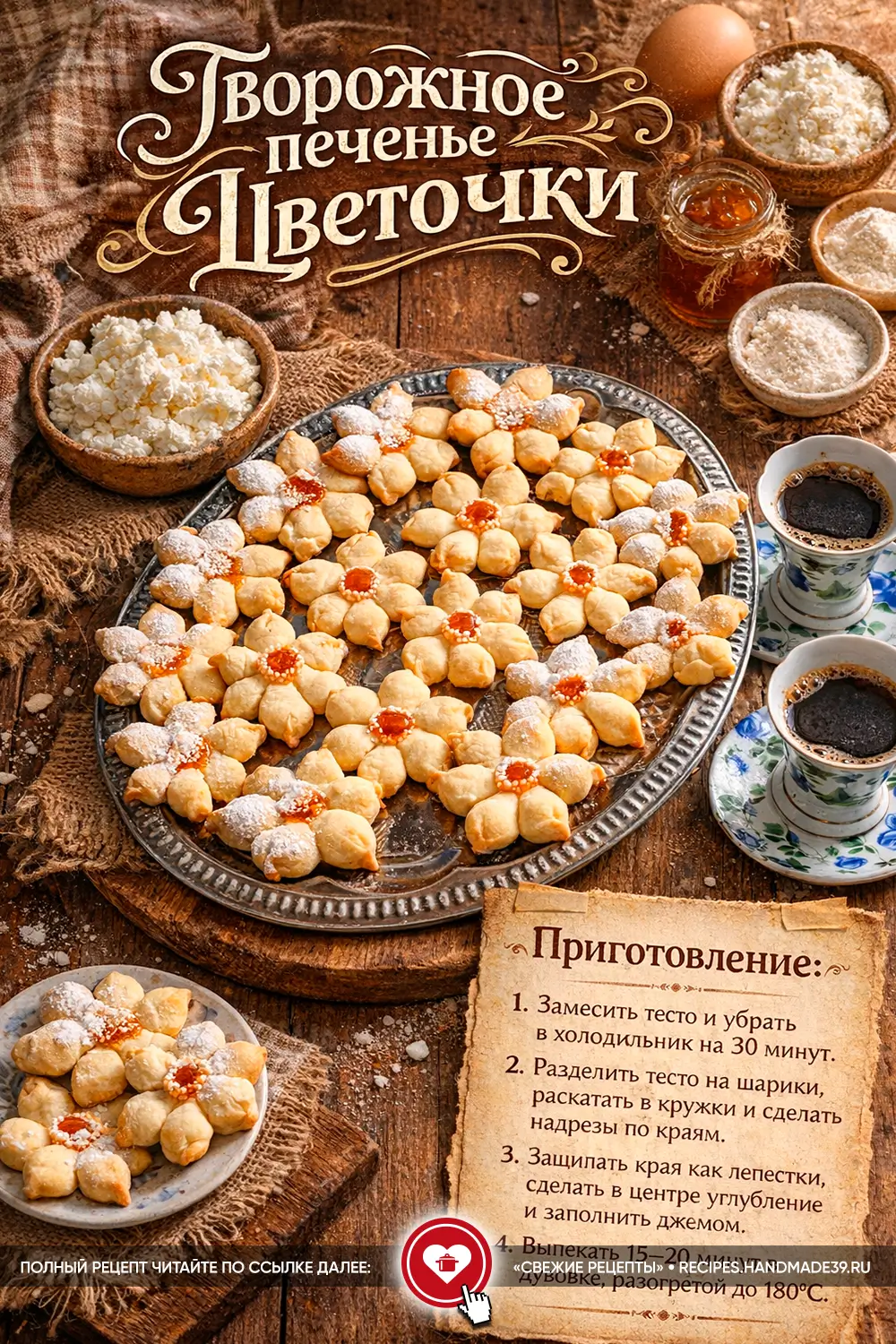 Румяное творожное печенье в форме цветов с каплей яркого джема в центре на металлическом подносе