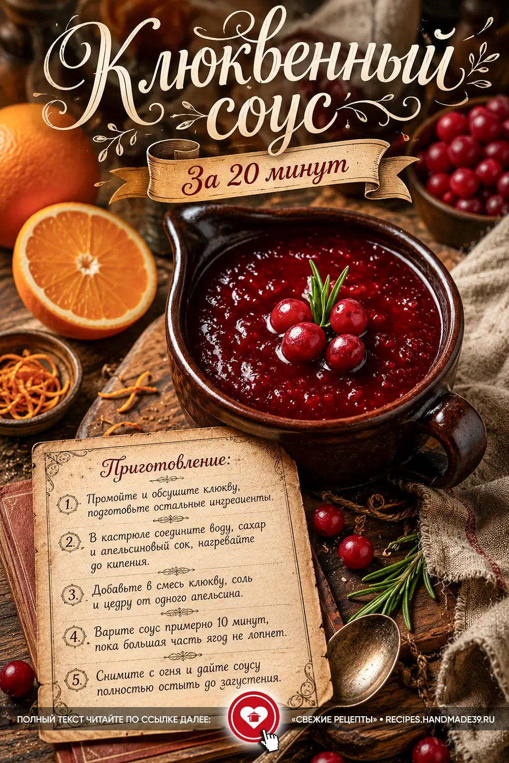 Рубиновый клюквенный соус в глиняном соуснике с веточкой розмарина и свежими ягодами клюквы на столе