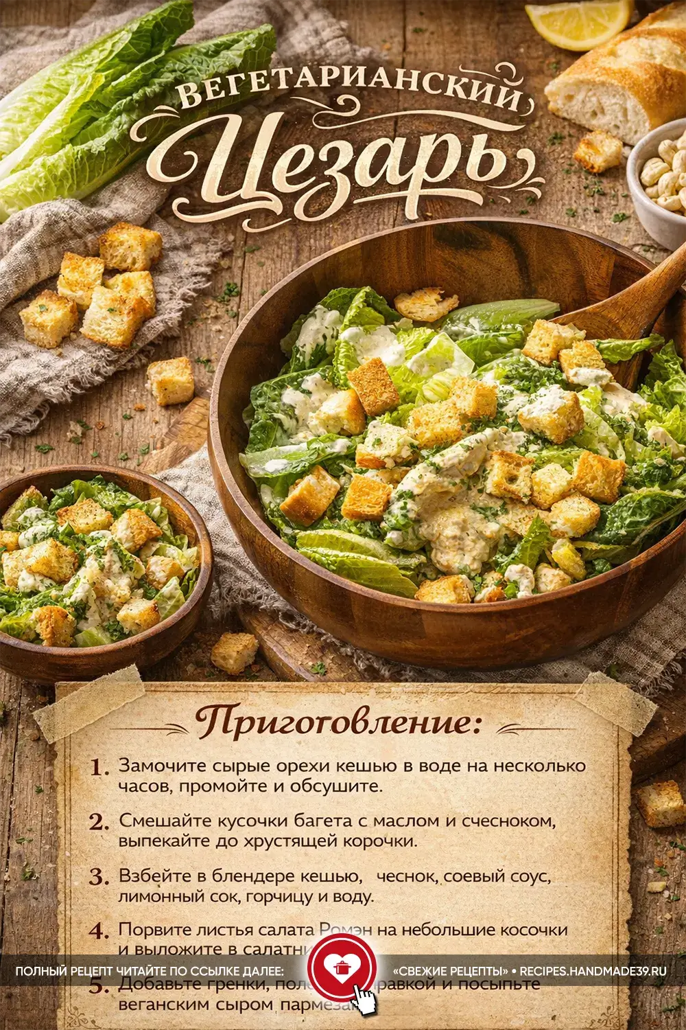 Миска с веганским салатом «Цезарь», хрустящими сухариками и белым соусом из орехов кешью