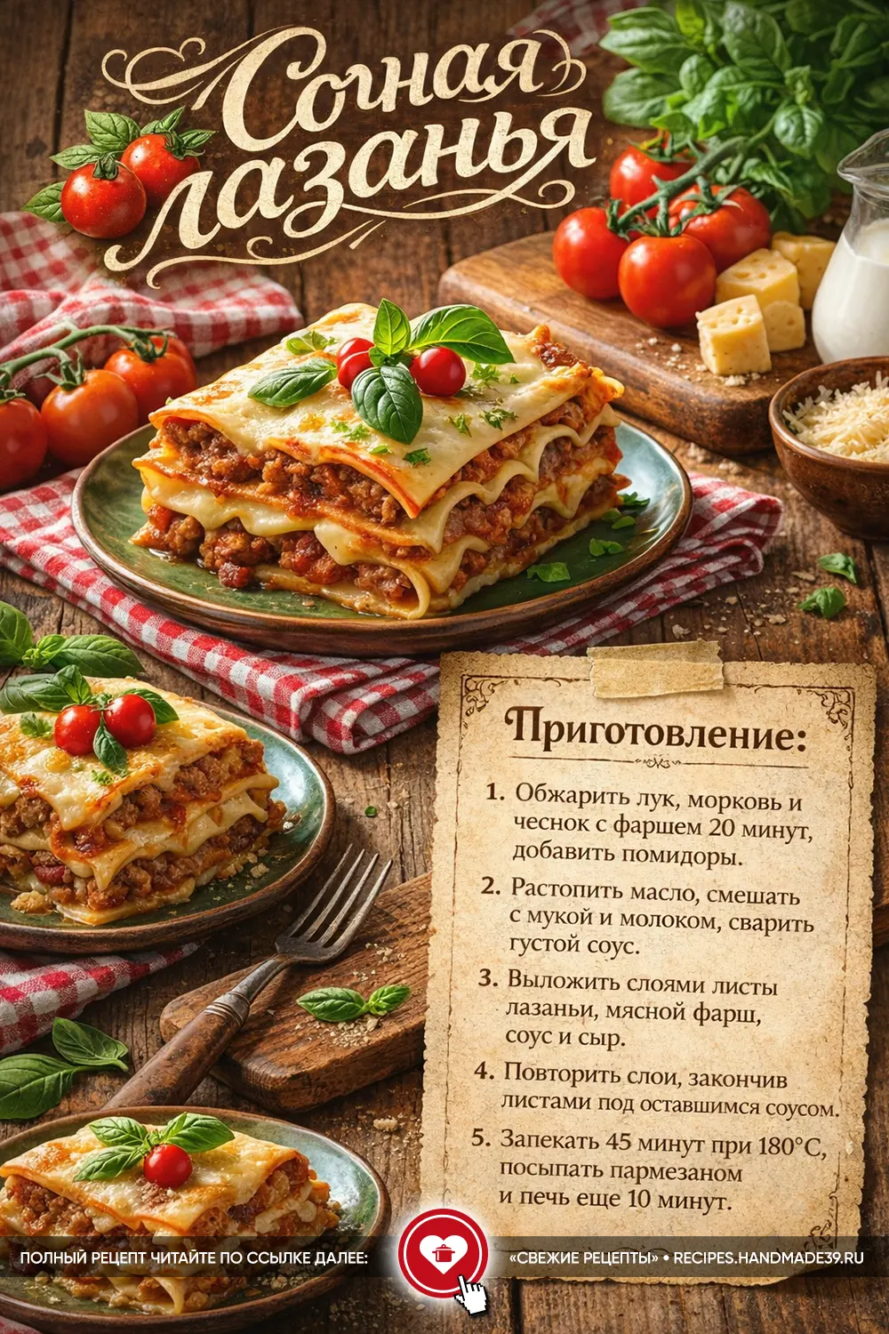 Многослойная лазанья с мясным соусом, бешамелем и расплавленным сыром, украшенная свежим базиликом и томатами черри