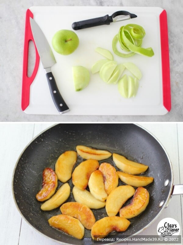 Салат с капустой кале – фото шаг 2. Очистите яблоко от кожуры и нарежьте его ломтиками. Разогрейте 1 столовую ложку оливкового масла в сковороде на среднем огне. Добавьте яблоко с мёдом и готовьте около 5 минут, пока ломтики яблока не станут мягкими и слегка карамелизуются