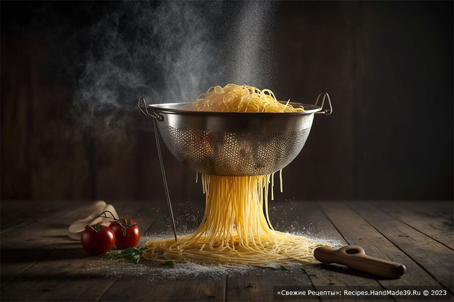 Рецепт спагетти карбонара – фото шаг 1. Сваренные спагетти откиньте на дуршлаг и оставьте на пару минут, чтобы стекла лишняя вода