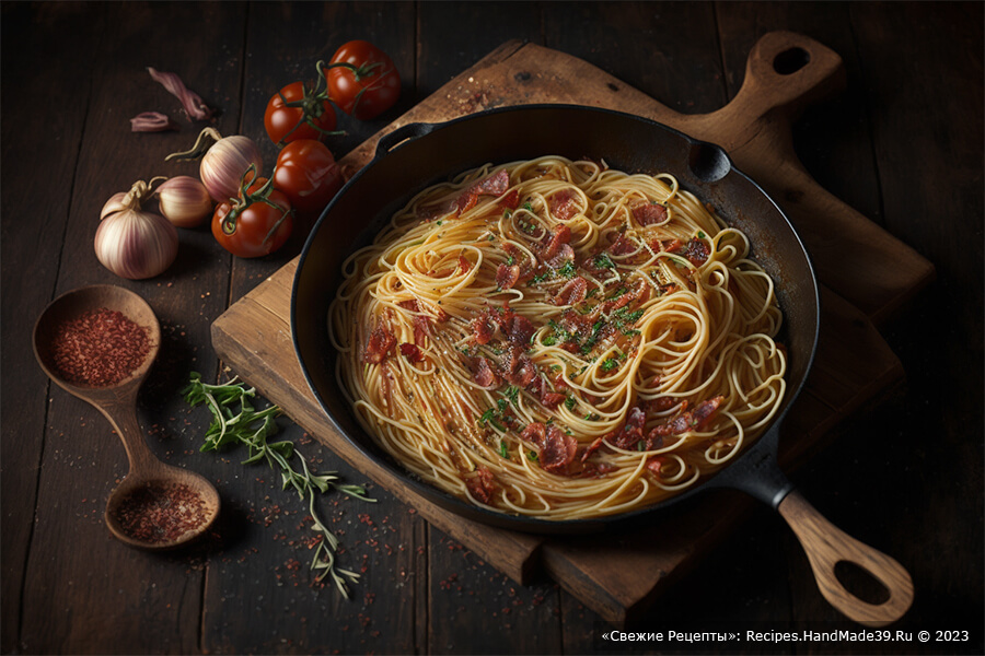Рецепт спагетти карбонара – фото шаг 6. Переложите откинутые спагетти в сковороду с обжаренным беконом и чесноком