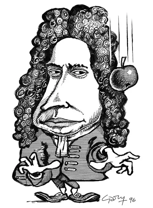 Исаак Ньютон – карикатура с яблоком