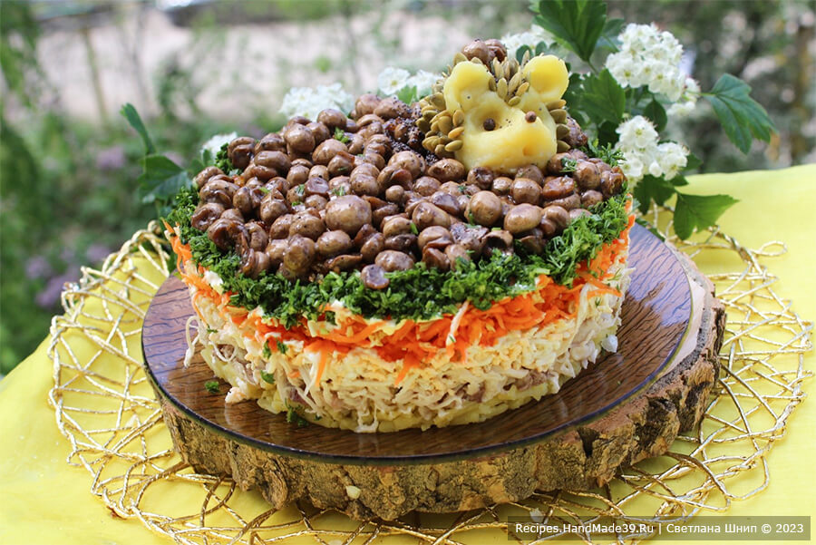 Салат с грибами и картофелем – фото шаг 15. Поместить «ёжика» на грибы. Приятного аппетита!
