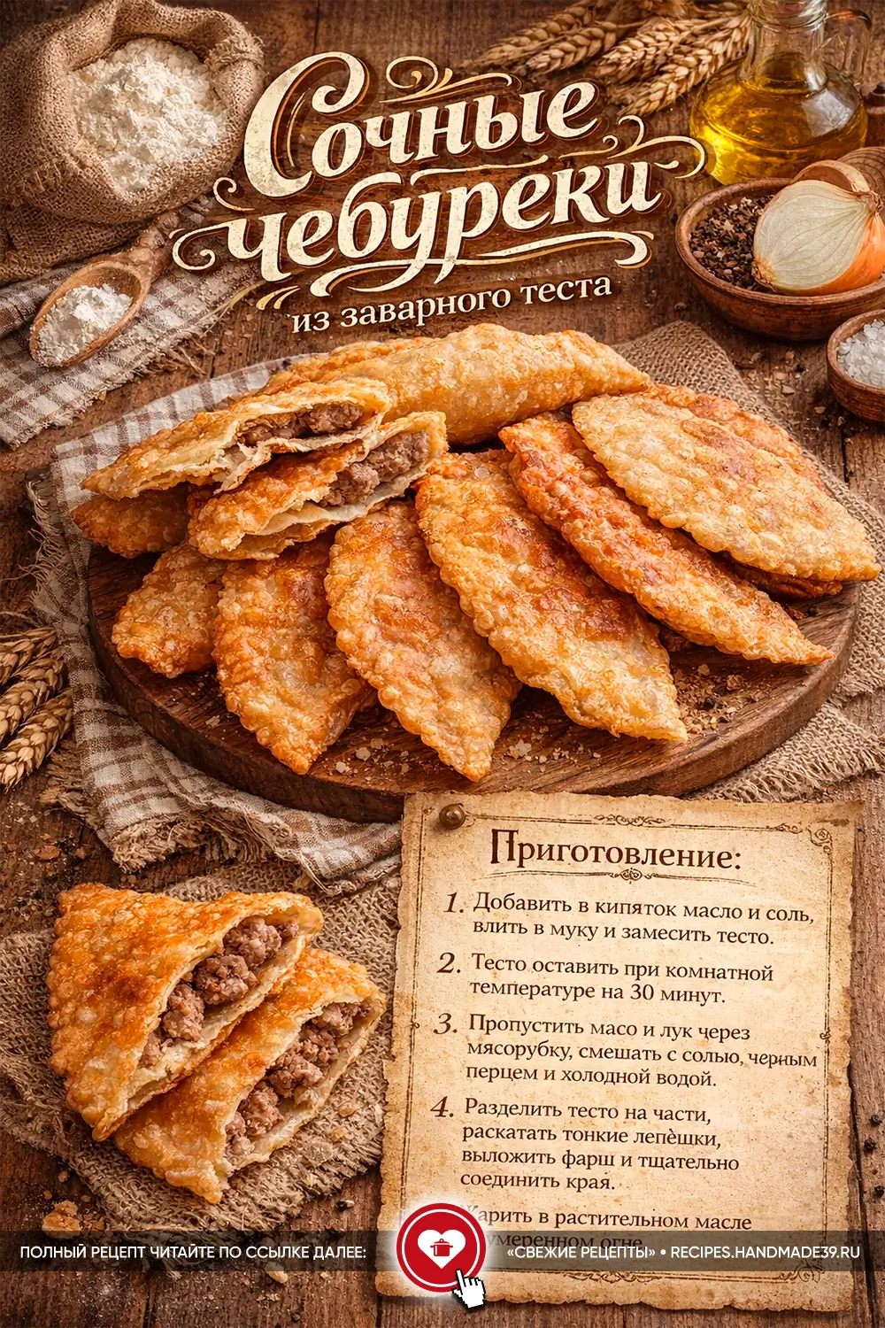 Чебуреки из заварного теста золотистого цвета с хрустящей пузырчатой корочкой и сочной мясной начинкой на фоне весенней сирени