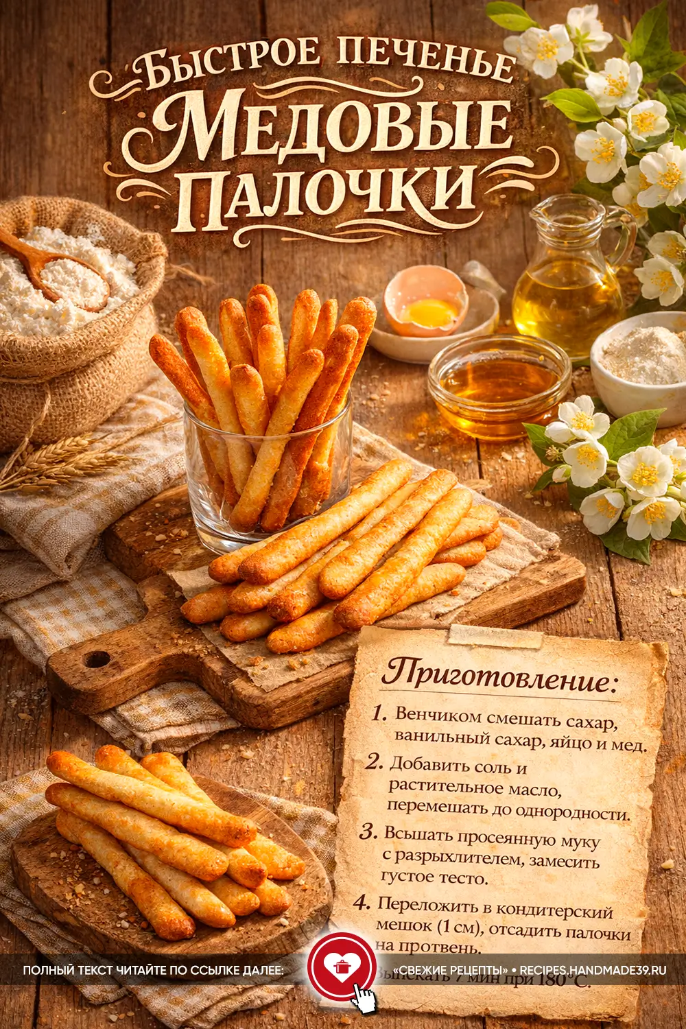 Домашнее золотистое печенье «Медовые палочки» в стакане на деревянном столе с цветами жасмина и мёдом