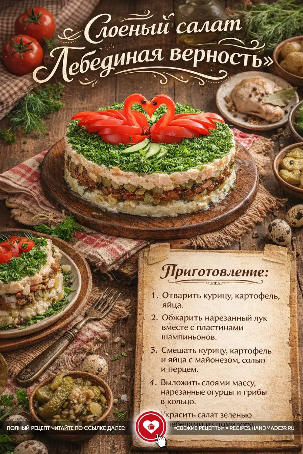 Слоёный салат «Лебединая верность» с декором из помидоров в форме лебедей на подушке из свежей зелени укропа и петрушки