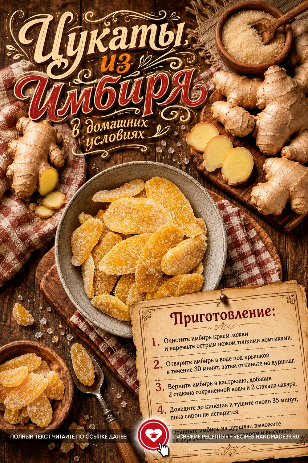 Прозрачные золотистые ломтики имбирных цукатов в сахарной обсыпке в глубокой керамической миске на деревянном столе