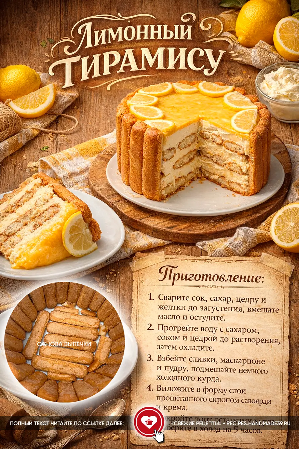 Торт лимонный тирамису с кремом из маскарпоне, украшенный дольками лимона и жёлтым курдом