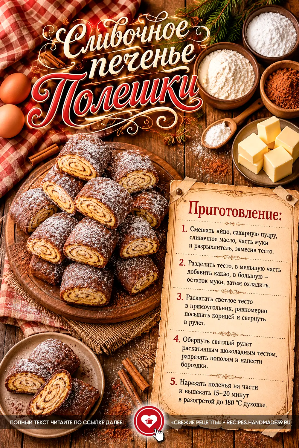 Домашнее сливочное печенье «Полешки» с шоколадным слоем, посыпанное сахарной пудрой и украшенное бороздками под кору дерева