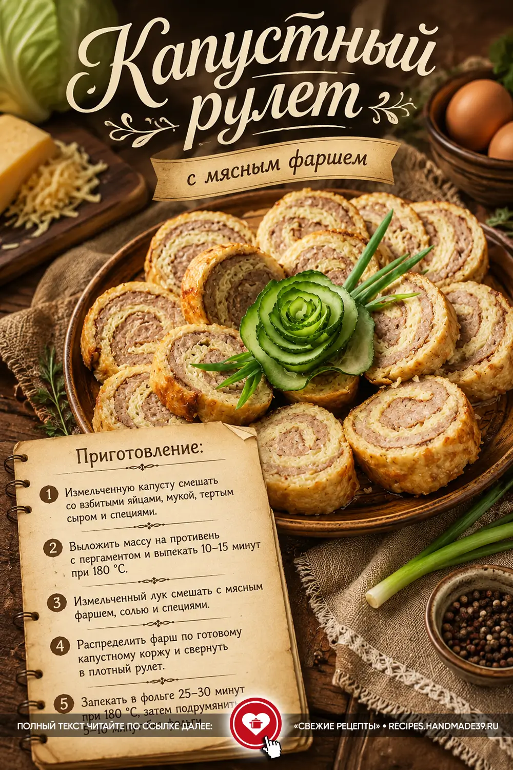 Нарезанный ломтиками запечённый капустный рулет с мясным фаршем, украшенный роллами из огурца и свежим зелёным луком