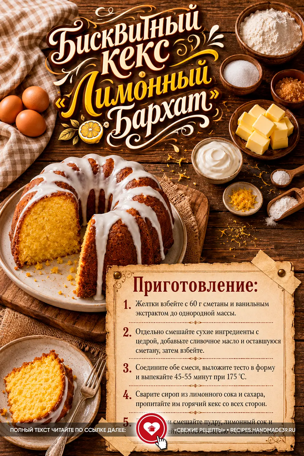 Домашний бисквитный кекс «Лимонный бархат» с белой глазурью на деревянном столе