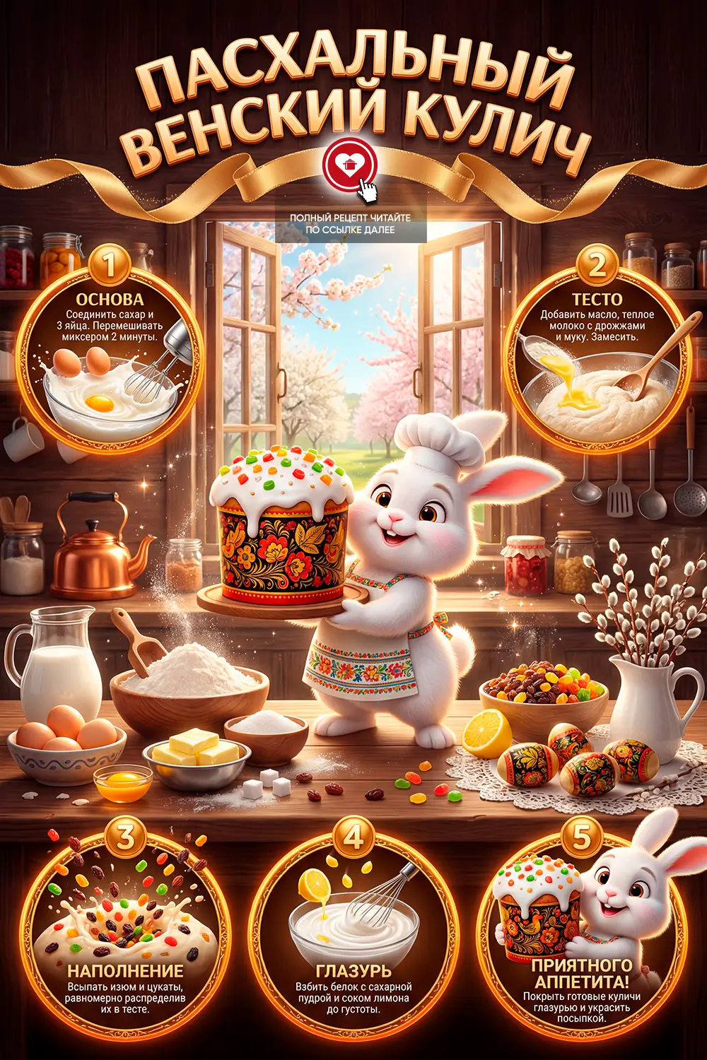 Alt Text (Текст в ALT): Праздничный пасхальный венский кулич с белой глазурью, цукатами и изюмом на деревянном столе