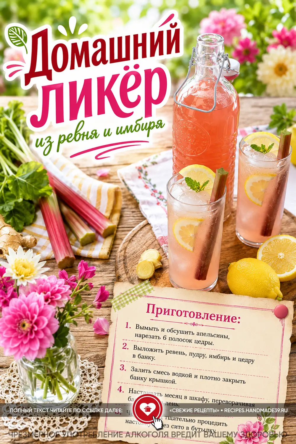 Прозрачная бутылка и два бокала с розовым ревеневым ликёром, льдом, дольками лимона, стеблями ревеня и имбирём