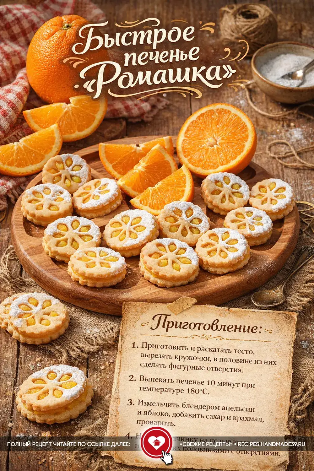 Домашнее песочное печенье в форме ромашек с жёлтой начинкой, посыпанное сахарной пудрой, на фоне свежих апельсинов