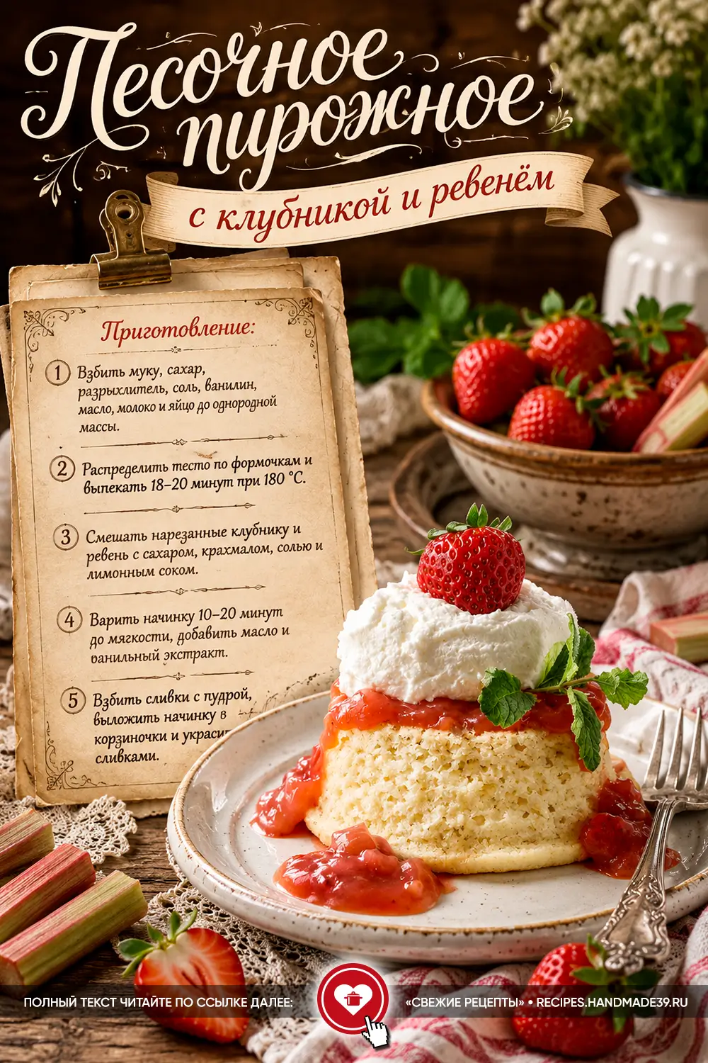 Песочное пирожное с красной клубнично – ревеневой начинкой и шапкой из белых взбитых сливок