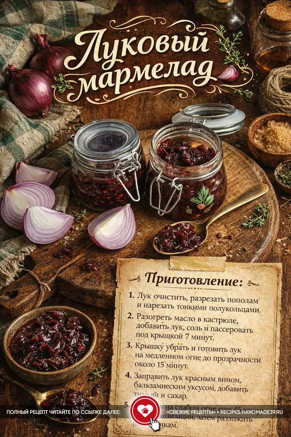 Стеклянные баночки с тёмно-бордовым луковым мармеладом на деревянной доске в окружении свежего красного лука и тимьяна