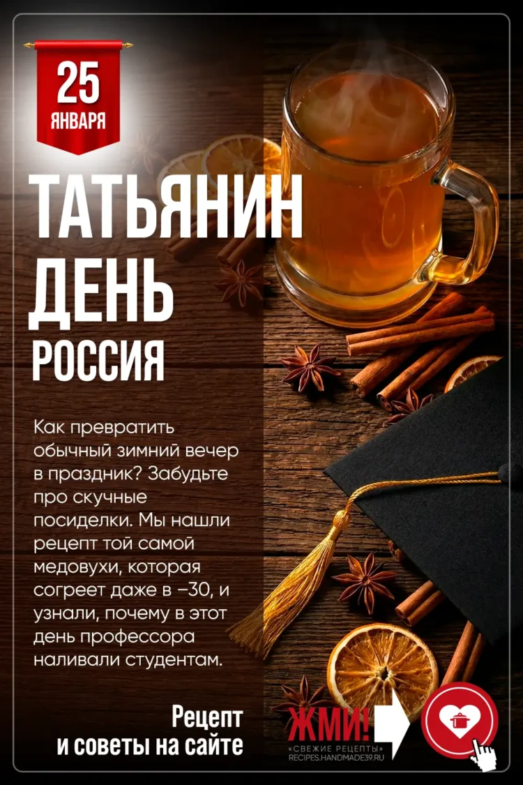 Татьянин день. Горячая пряная медовуха в стеклянной кружке с палочками корицы