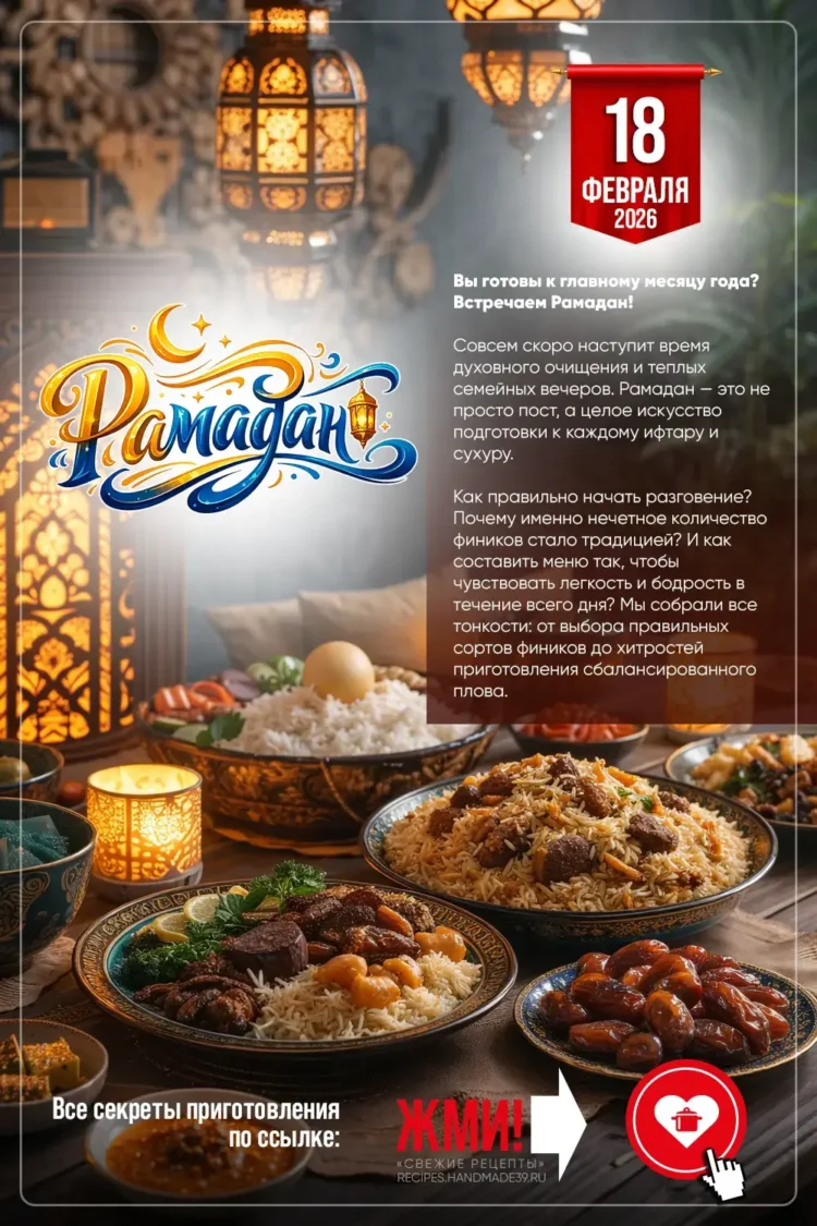 Рамадан: праздничный стол с пловом, финиками и традиционными закусками