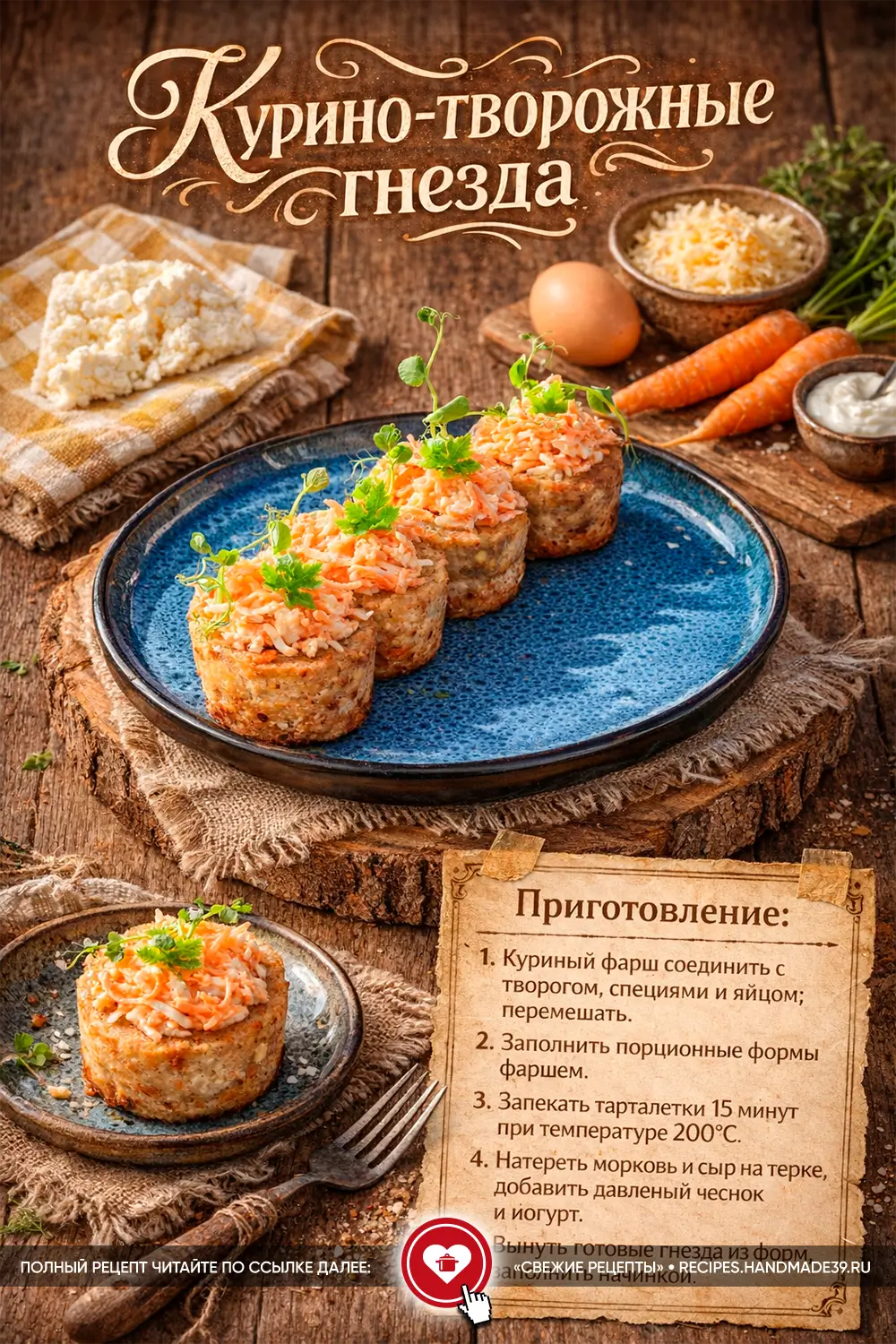 Запечённые курино-творожные гнёзда с золотистой морковно-сырной начинкой и свежей зеленью на стильной тарелке