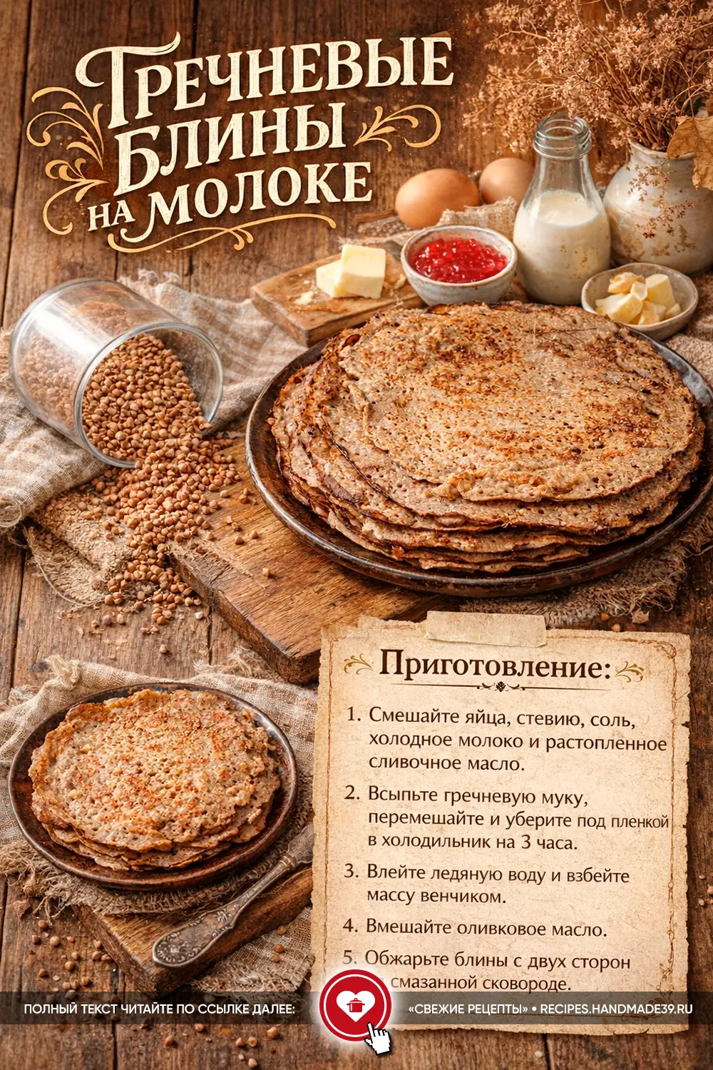 Аппетитная стопка домашних гречневых блинов на деревянном столе рядом с зерном гречки и кувшином молока