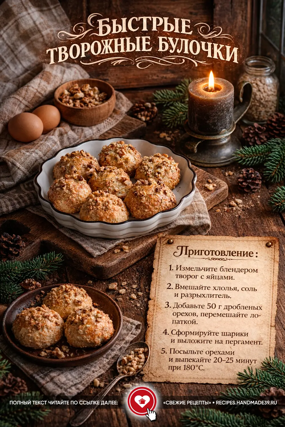 Золотистые творожные булочки с овсяными хлопьями, посыпанные дроблёным грецким орехом, на сервировочном блюде