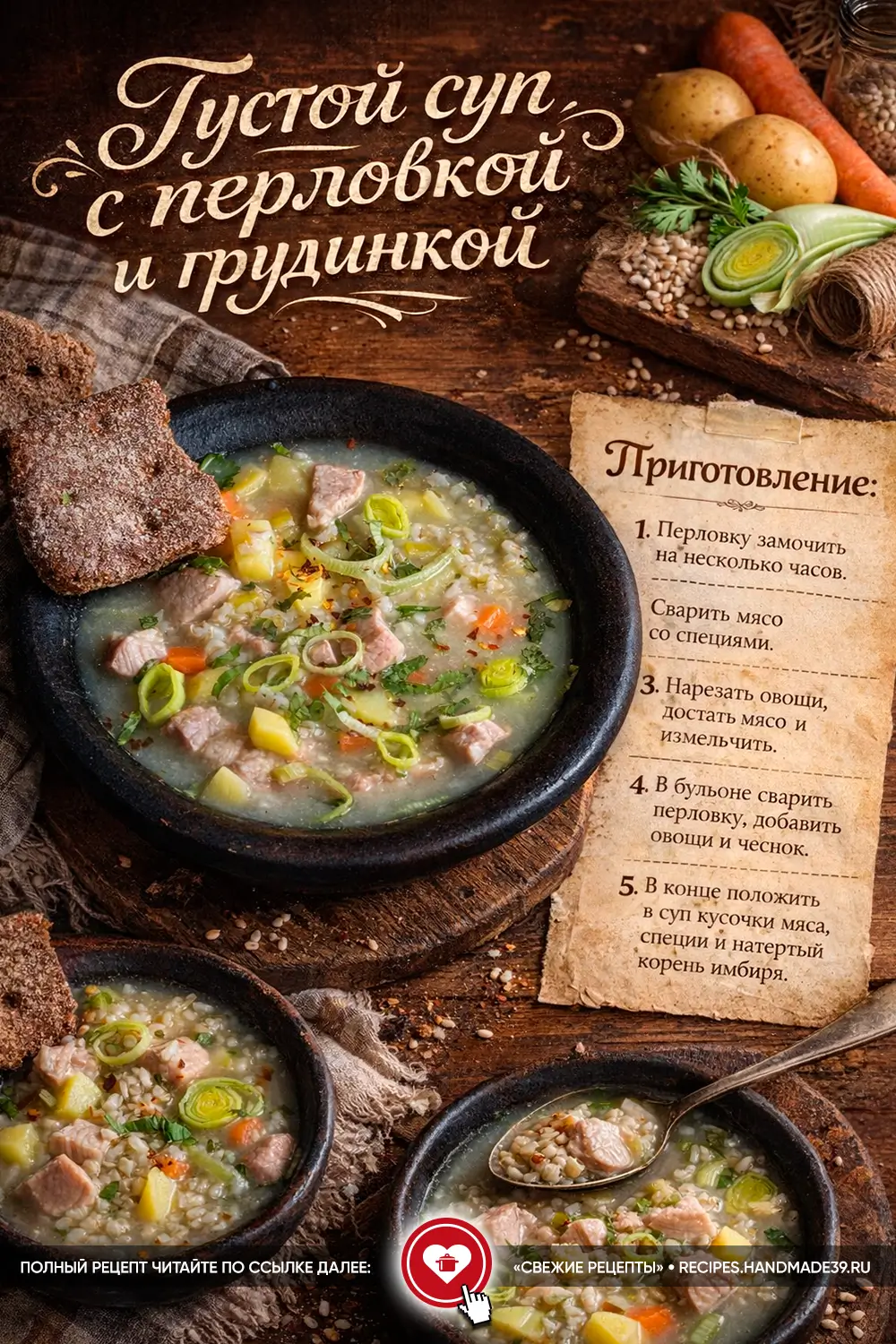 Тарелка густого супа с перловкой, кусочками мяса, луком-пореем и морковью на тёмном деревянном фоне