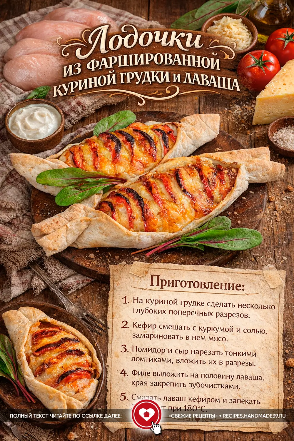 Запечённые лодочки из лаваша с куриным филе, помидорами и расплавленным сыром на деревянной доске